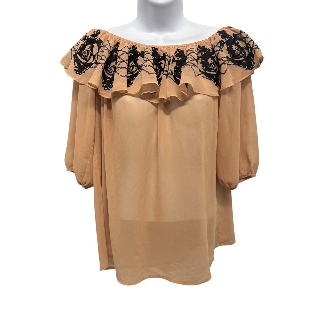 Boutique Forever 21 Off Shoulder Ruffle Rose Embroidered Sheer Blouse Nude Small
